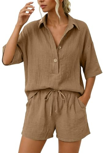 Genérico Conjuntos Mujer Verano Casual Dos Piezas Pantalon Cortos y Blusa Elegante Conjunto Lino Chándal Camisa Manga Corta de Verano de Ropa Informal para Playa Viajes Ropa de Salón Juego