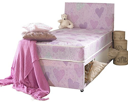 Just Beds Pink Princess Single Divan Bed Set (Base, Mattress And Headboard) With Slider Storage (3x6'3)