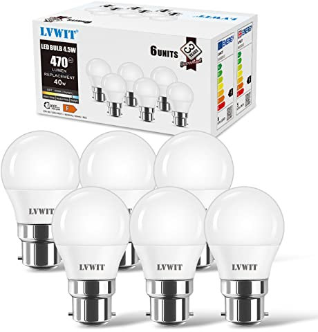 LVWIT B22 LED ersetzt 40W Glühlampen (6-er Pack), Kaltweiß 6500K, 5W G45 LED Leuchtmittel, 470lm, matt