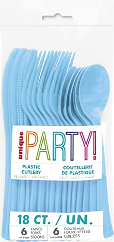 Unique Party 39519-Lot de Couverts en Plastique pour 6 Invités Pastel-18 Pièces, 39519, bleu bébé