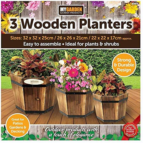 My Garden Set of 3 Decorative Garden Planters - Solid Natural Wooden Planters for Garden - Plant Pot Set for Outdoor Plants