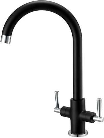 Hapilife Kitchen Mixer Tap Black and Chrome Dual Lever Monobloc 360° Swivel | Stainless Stee & Brass Kitchen Tap | Swan Neck Black Silver Sink Taps | 1 Hole Easy Fit