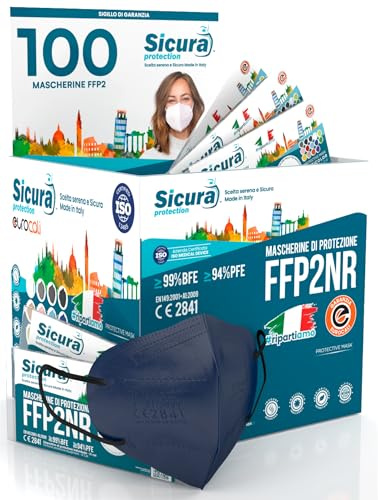 100 Mascherine FFP2 BLU SCURO certificate CE SICURA Protection Made in Italy BFE ≥99% Mascherina ffp2 Vera Marcatura EFFETTO PULITO e sigillata singolarmente