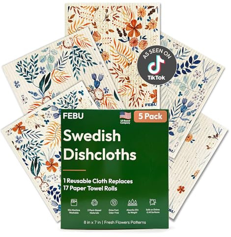 FEBU Swedish Dishcloths for Kitchen | 5 Pack Fresh Flowers Reusable Paper Towels Washable | Swedish Dish Towels | Non-Scratch Cellulose Sponge Cloths | No Odor, Biodegradable Cleaning Cloths