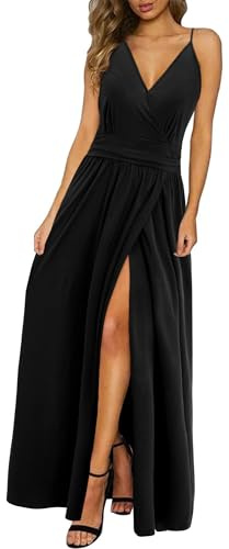 Newshows Women's Summer V Neck Spaghetti Strap Sleeveless Casual Split Long Maxi Wedding Guest Dress Black,L