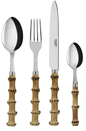 Sabre Paris | 4-teiliges Panda-Tischbesteck-Set in hellem Holz; inkl. Messer, Gabel, Esslöffel und kleiner Löffel aus Edelstahl, Griff aus echtem Bambus.