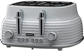 Daewoo Sienna 4 Slice Toaster, Wide Slots, 6 Browning Settings, Reheat, Defrost & Cancel Functions, Removable Crumb Tray, Stylish Grey Finish, Ideal for Family Kitchens