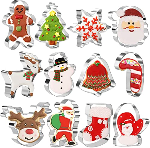 Lot de 12 emporte-pièces de Noël en acier inoxydable Bonhomme de pain d'épices, arbre de Noël, Père Noël, bonhomme de neige, renne, flocon de neige, canne à sucre et plus encore pour biscuits