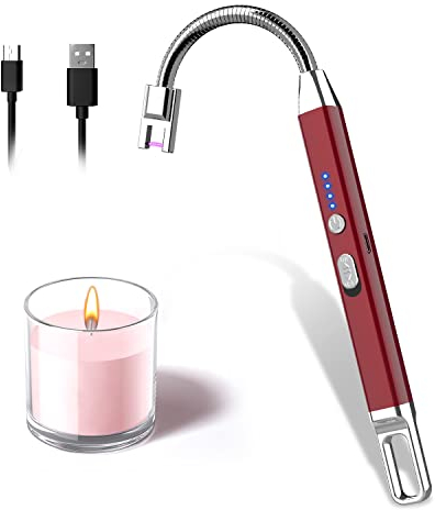 Accendino Elettrico USB, Rouclo Accendigas USB Ricaricabile con Indicatore della Batteria, Accendino Arco Elettrico 360º Flessibile Accendino Lungo per Accendere Candele,Stufe, Barbecue (Rosso)