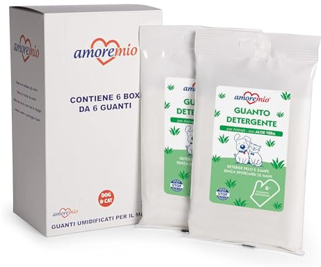 Amore Mio 36 Guanti Umidificati con Aloe Vera per Il Manto, Le Zampe e Il Muso di Cani, Gatti e Animali Domestici, Elimina Odori, Lenisce e Protegger Il Pelo, 6 Pezzi x 6 Confezioni
