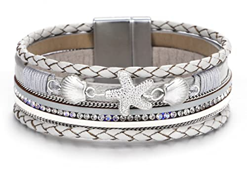 LSxAB Multi-Layer Starfish Grey Leather Wrap Bracelet for Women Girls Stackable Wristband Braided Bangle Bracelets Handmade Jewellery