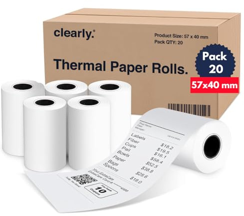 Clearly Till Roll, Box of 20 Till Rolls, 57x40mm, Thermal Paper for POS Systems, BPA-Free White Paper Roll