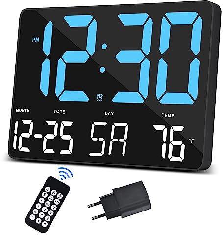SZELAM Digitaluhr Großes Display,11,5 Digitale wanduhr mit Funkfernbedienung,LED Übergroße Wanduhr mit Datumstemp,12/24H,Snooze Wecker für Zuhause Schlafzimmer Büro Gym,Mit Adapter
