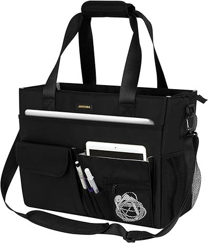Jaffzora Lehrer-Tragetasche für Frauen, große Utility-Tragetasche mit mehreren Taschen und Schultergurt für Lehrer, Krankenschwestern, Buchhalter und Arbeitsfrauen, schwarz, Schwarz