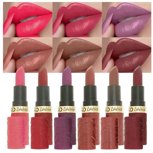 Set di rossetti opachi Confezione da 6 pezzi di rossetto con tonalità di fucsia brillante, borgogna, viola reale e prugna profonda Formula impermeabile lunga durata con colori ricchi e pigmenti Set B