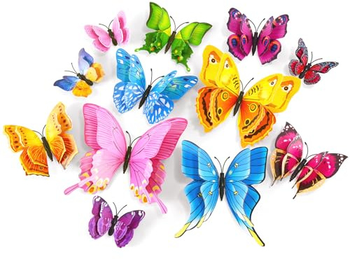 SAOROPEB 3D Butterfly Wall Decor, 24 Pcs Double Layer Butterfly Decorations for Party Decorations Locker Decor Refrigerator Decal, Reusable (Colorful)