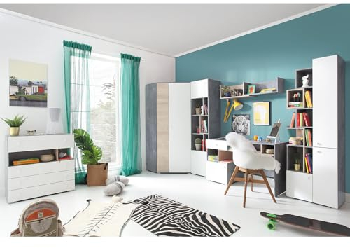 Lomadox Jugendzimmer Set 6-teilig mit Kommode, Eckkleiderschrank, Regalschrank, Wandregal, Schreibtisch, Regal in Beton weiß Eiche modern