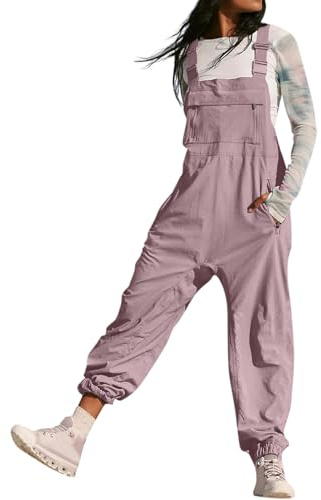 Damhängselbyxor breda ben jumpsuit justerbara remmar byxor dragkedja ficka hängselbyxor lös passform baggy målning overaller för kvinnor långa lekdräkt byxor, Rosa, XXL