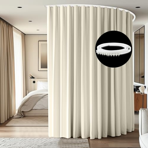 cbsroro Room Divider Ceiling Mounted Curtains Track Sets Extra Wide Blackout Curtain Flexible Tracks for Bedroom Privacy Partition Separator, 1 Panel Beige Drape and White Rail, W8.3 x H7ft