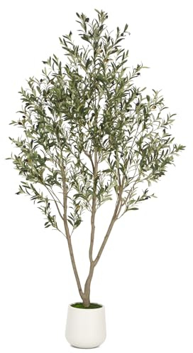 VIVATREES Olive Trees Artificial Indoor, 7FT Tall Faux Olive Tree with White Tall Planter, Artificial Plants with Natural Wood Trunk and Lifelike Fruits for Home Office Decor