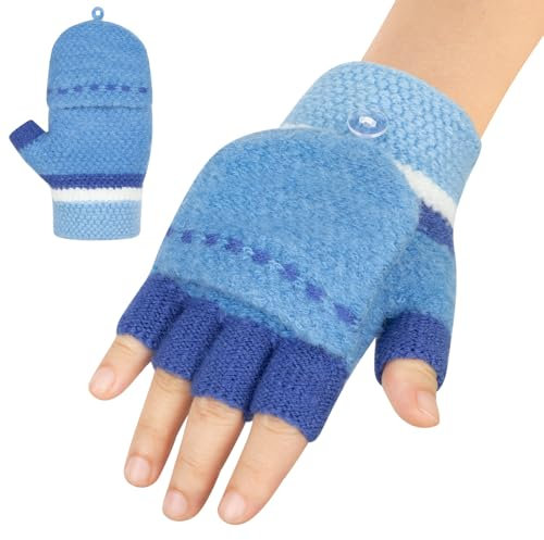 Kiiwah 1P Fingerhandschuhe Kinder mit Kappe,für 5-10 Jahren Mädchen Jungen Winter Fingerlose Strick Handschuhe, Warme Kinderhandschuhe (Blau)