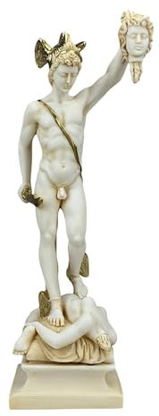 Perseus mit Kopf der Gorgon, Medusa, gegossener Marmor, Statue, Skulptur, Patina, 34 cm
