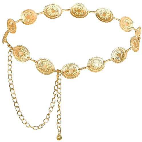 Nokwocy Ceinture Dorée Femme en Métal, Boucles Réglables, 60-119cm, Orné, Western, Polyvalente, Ajustement Personnalisé, Cadeau Exclusif