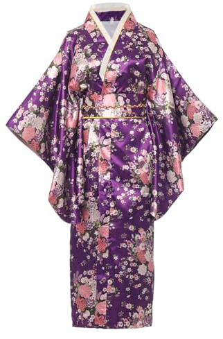 BPURB Bata kimono tradicional japonesa para mujer, vestido de geisha yukata, bata de baño de satén con flores