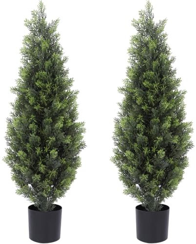 Woholeus Alberi di arte topiaria artificiale, 0,9 m, finto cipresso, albero di cedro topiario finto piante in vaso per portico anteriore, decorazione da giardino per interni ed esterni (confezione da
