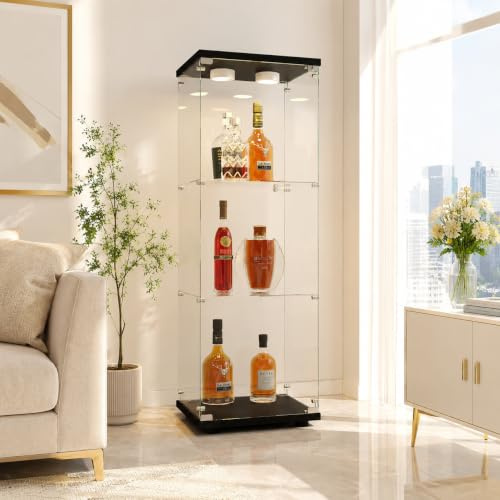 JOROBURO Vitrine mit Glastür und LED-Beleuchtung, Regal aus Hartglas mit 3 Ebenen, Sammlervitrine aus Glas, für Wohnzimmer, Schlafzimmer, Büro