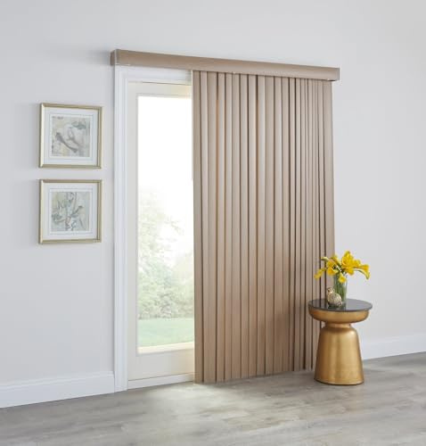 BrylaneHome 3.5” Printed Wood-Grain Vertical Blinds - Light Filtering, Room Darkening - Suitable for Sliding Doors, Large Windows - 66 W 84 L, Beige