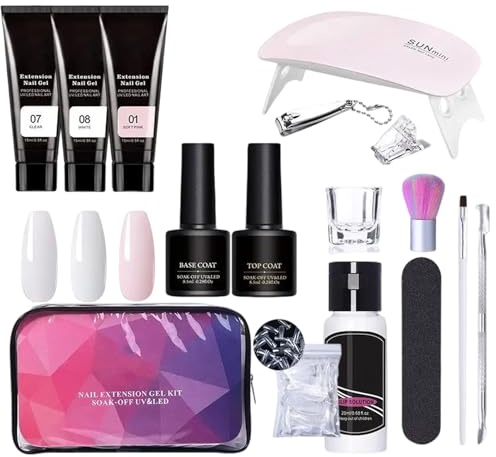 Kit de uñas de gel de extensión de poli, kit de gel de uñas poly,Gel de uñas de extensión de 3 colores con solución de deslizamiento y lámpara - Suministros de manicura profesional para mujeres y niña