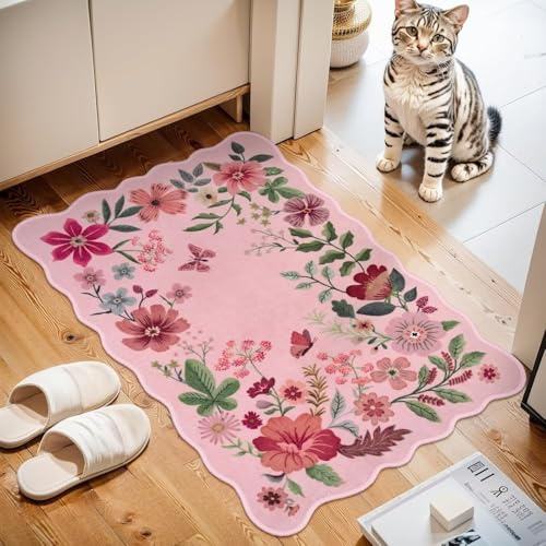 ARRITS Boho Fußmatte Innen Rosa 50x80cm Vintage Blumen Teppich Kleiner Weiche rutschfest Kurzflor Eingangsteppich Waschbar Küchenteppich für Küche, Haustür, Inneneingang, Eingang, Kinderzimmer