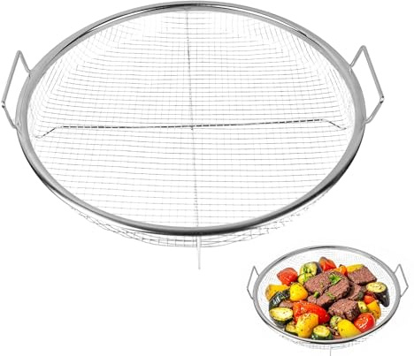 Parrilla de Barbacoa en Acero Inoxidable (Ø30x5cm) - Cesta de Parrilla para Pescado, Verduras y Carne con Asas Anticalóricas, Hacer Parrilla y Enfriar Alimentos, para veranos Camping