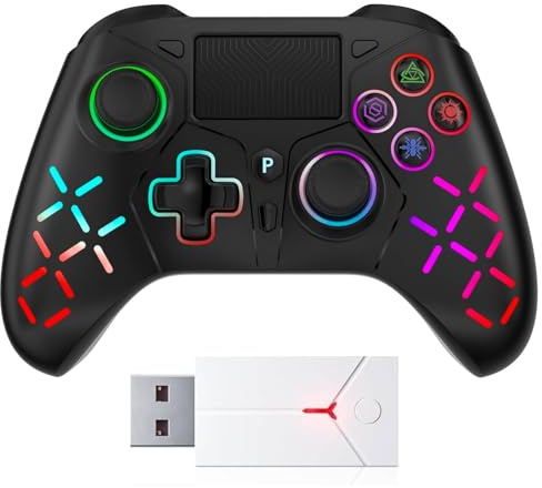 Bonacell Kabelloser Controller with Adapter für PS5 Game LED Dual-Motor-Vibration/6-Achsen-Sensor/Turbo/3,5-mm-Audiobuchse/Touchpad für P5 Pro/Slim/PC Schwarz