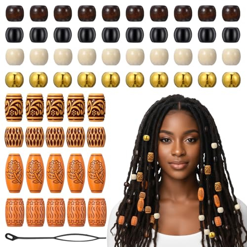 Matwsec 60 Stück Bedruckte Holzperlen Große Löcher Perlen Natur Holzperlen Retro Haar Perlen Haarschmuck für Basteln Dreadlocks, Haarzopfperlen, Makramee und Schmuckherstellung