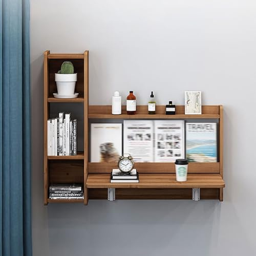 Escritorio plegable montado en la pared con estantería, madera maciza y tablero DM, capacidad de carga de 40 kg, ideal para oficina en casa y estudio (nogal izquierdo)