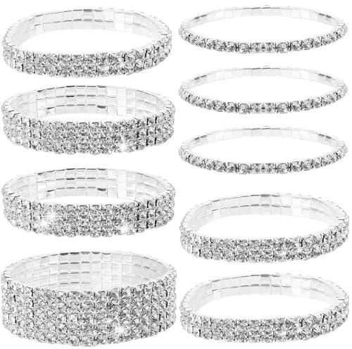 YancLife 9 Pcs Stretch Rhinestone Bracelet - Stackable Alloy Rhinestone Bracelets Stretch, Silver Bangles Rhinestone Bracelet, Bridal Sparkly Wedding Valentine Jewelry for Women Bridal Girls Lovers