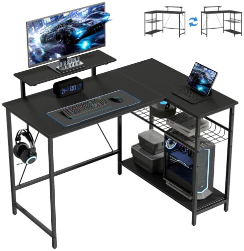 HOMCOM Bureau Gaming réversible 114,5 x 82 cm avec Support pour Écran Noir | Bureau Gaming d'Angle, Étagère en Maille Réglable, Table d'Ordinateur, Étudier Jouer Travailler, Fibre de Carbone