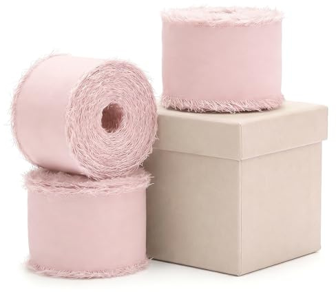 Rosa Wedding Chiffon, Chiffonband 3 Rollen 1,5 Zoll x 21 Yards Rosa, handgefertigtes Quastenband für Hochzeitseinladungen, Brautsträuße, Weihnachtsdekoration, Geschenkverpackung, Schleifenherstellung