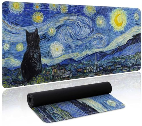 Alfombrilla de Ratón con Diseño de Gato y Cielo Estrellado – Mouse Pad Gaming Antideslizante para Escritorio, Bordes Cosidos y Base de Goma para PC, Oficina, Tapete Escritorio y Teclado, 800×300 mm