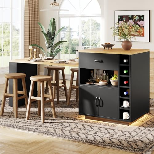 VIEKOS Isola della cucina/Armadio da cucina/buffet/tavolo da bar, carrello fisso con tavolo allungabile, 2 cassetti, 4 ante, nero/bianco