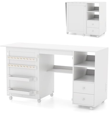 COSTWAY Table de Couture Pliante, 146 x 50 x 78 cm, Blanc
