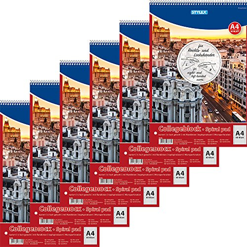 Stylex 43875-P6 Links- und Rechtshänd-Er Spiral-Collegeblock 6-er Packung, Liniert, Liniert, Din A4