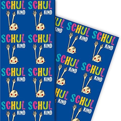 Blaues Kinder Geschenkpapier zu Einschulung mit Jungen Schulkind  zum Schulanfang 32 x 48cm (4 Bögen) Dekorpapier, Papier zum Einpacken, für tolle Geschenk Verpackung und Überraschungen