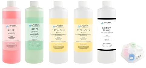 Apera Instruments - Conjunto de solución de calibración de pH/EC (pH 7,00, 4,01, 1413 µS, 12,88 mS) más solución de almacenamiento de KCl 3M, cada 250 ml y CalBox