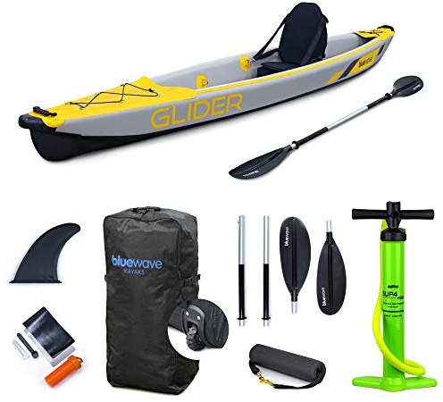 Bluewave Inflatable Kayak - Single - Complete Set Including 'Glider' Kayak, Seat, Paddle, Fin, Storage Bag & Pump Included – High PSI – The Complete Solo Kayaking Package (Yellow)