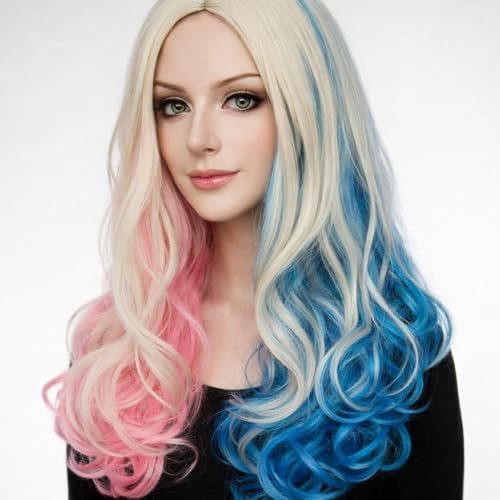 Perücke Kostüm Halloween Party Zubehör Spiel der Throne Donald Trump Harley Quinn Schwarz Blonde Sil (Rosa u. Blauer Karikatur-Held)