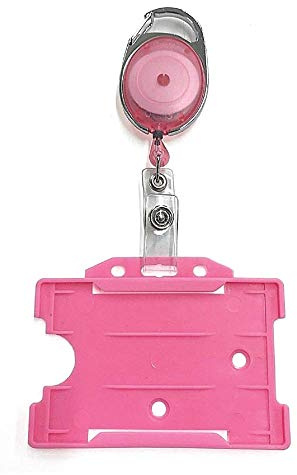 PCL Media ltd Pink Retractable Badge Reel with Carabiner Clip and Pink ID Card Holders, Open-Faced Rigid ID Badge Holder - Holds One ID Card Ski Pass Holder