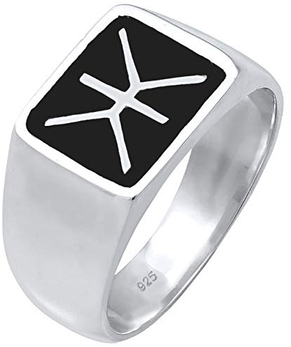 Kuzzoi Siegelring Herrenring, massiv 14 mm breit in 925 Sterling Silber, schwarz Emaille Logo, Ring für Männer in der Ringgröße 60